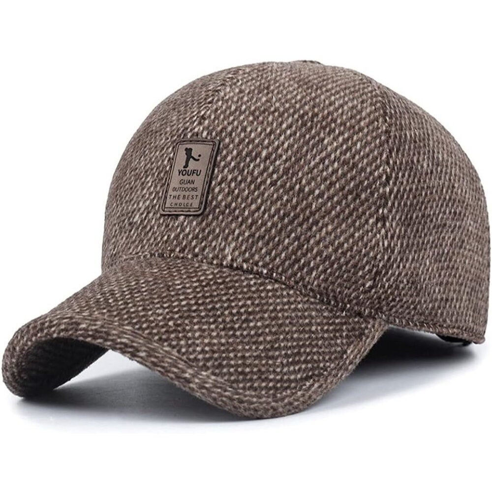 🆕 Men Brown Baseball Cap Winter Warm Wool Tweed Peaked Fold Earmuff Jacket Hat